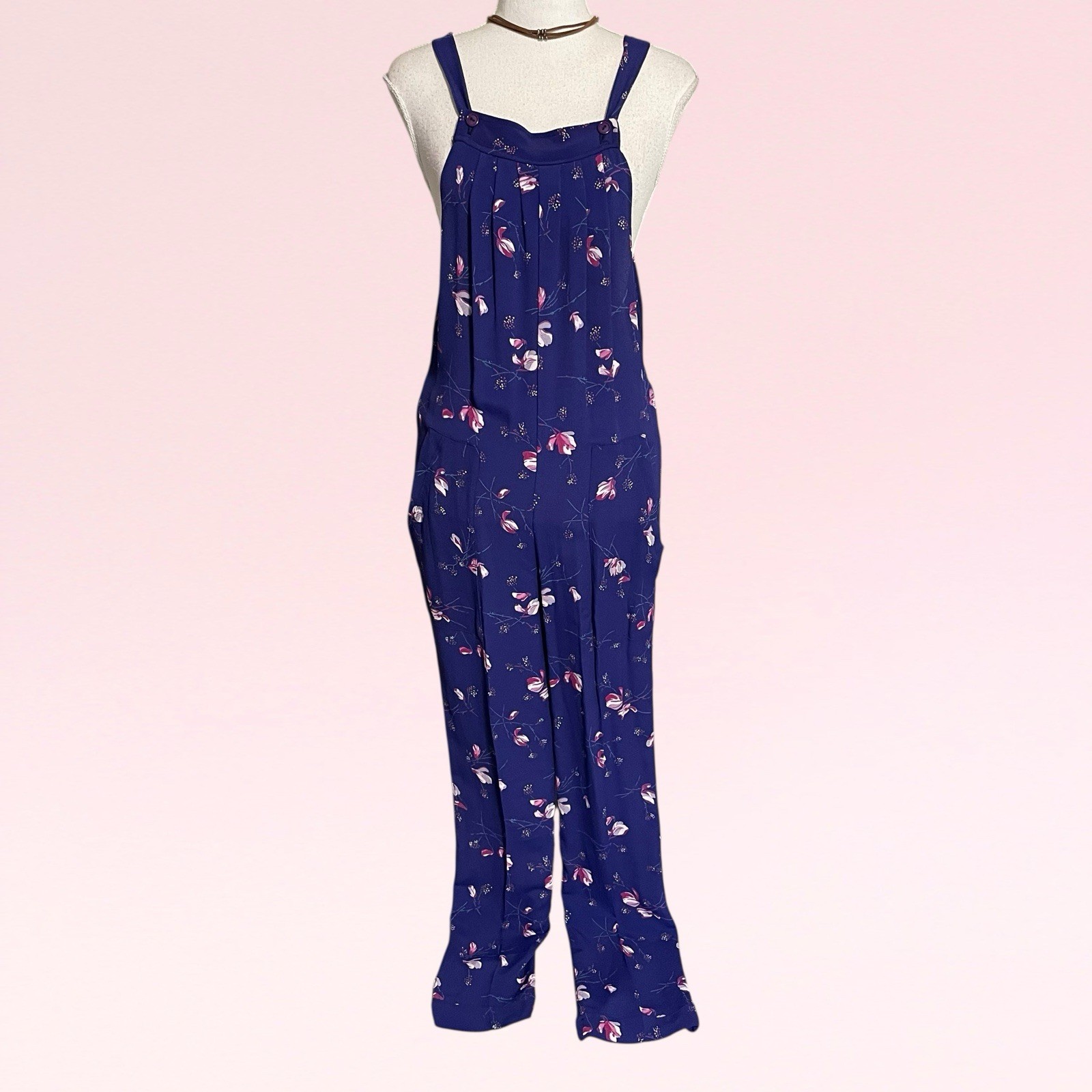 vintage 70s purple floral rayon pleated wide-leg hippie boho overall jumpsuit S
