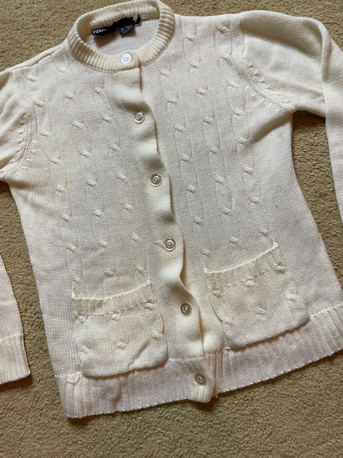 Vintage 1960s Ivory Mid Century Cable Knit Acrylic Button Up Cardigan Sweater S