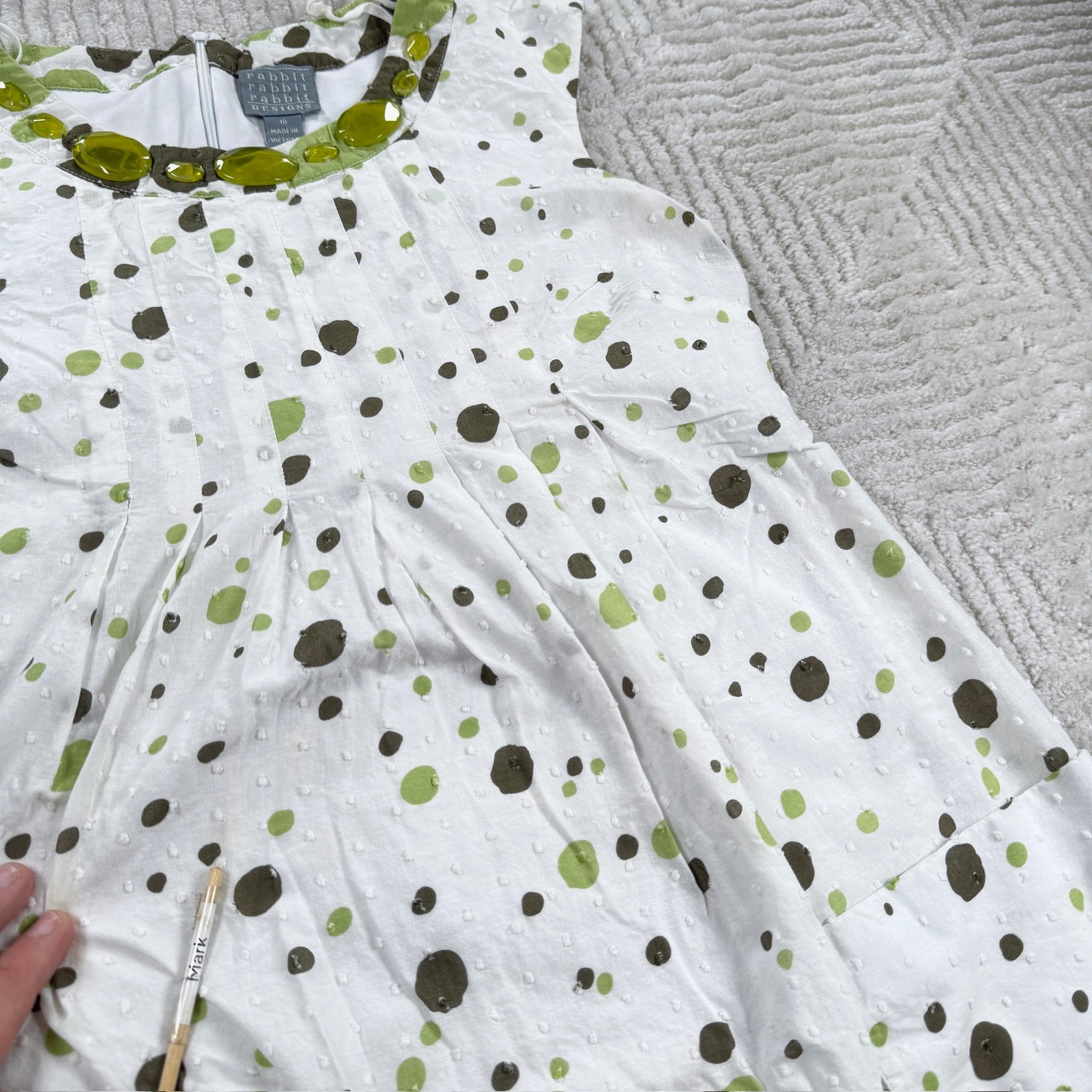 Rabbit Rabbit Rabbit Designs Dress Women’s 10 White Green Polka Dot Mod Retro
