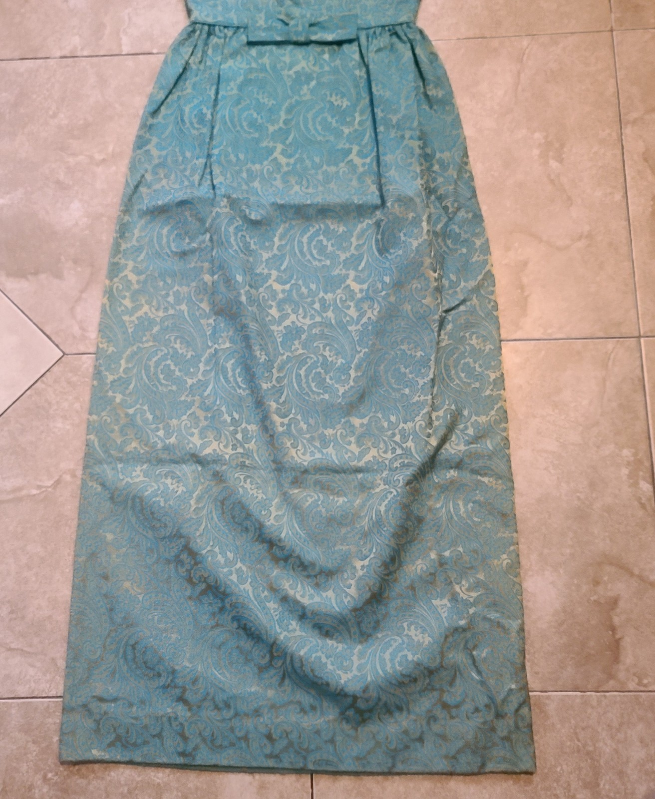 VTG 1960s Turquoise Blue & Gold Brocade Maxi Dress Women’s XS Bow Detail