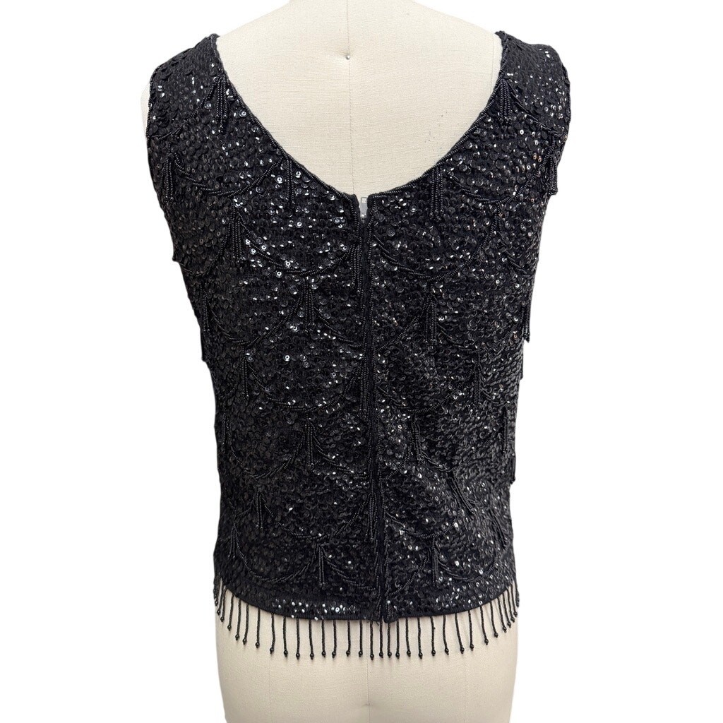 VTG 1950s Black Sequined Beaded Shell Top Wedding Cake Tassels Wool S