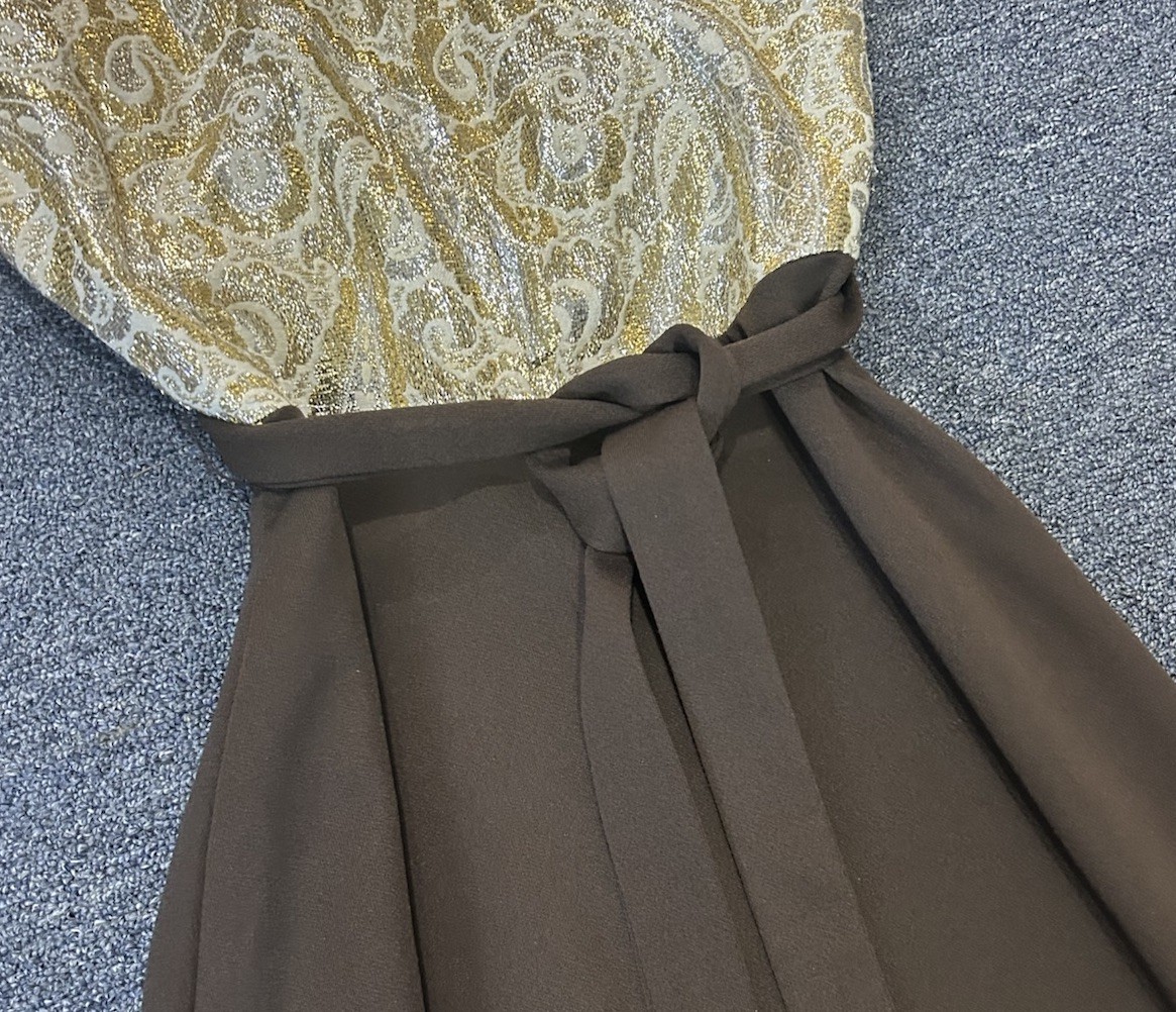 VTG 70s Handmade Polyester Maxi Dress Brown Gold Silver Sleeveless Tie Waist SM
