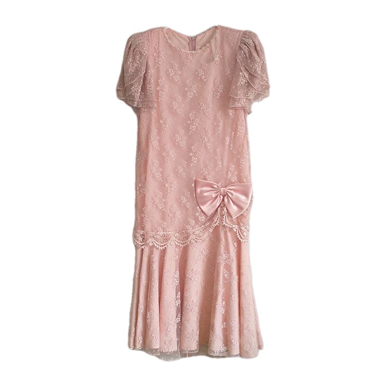 Vtg Barbara Chodos Michael Marcella Dress 12 Pink Floral Lace Bow Drop Waist