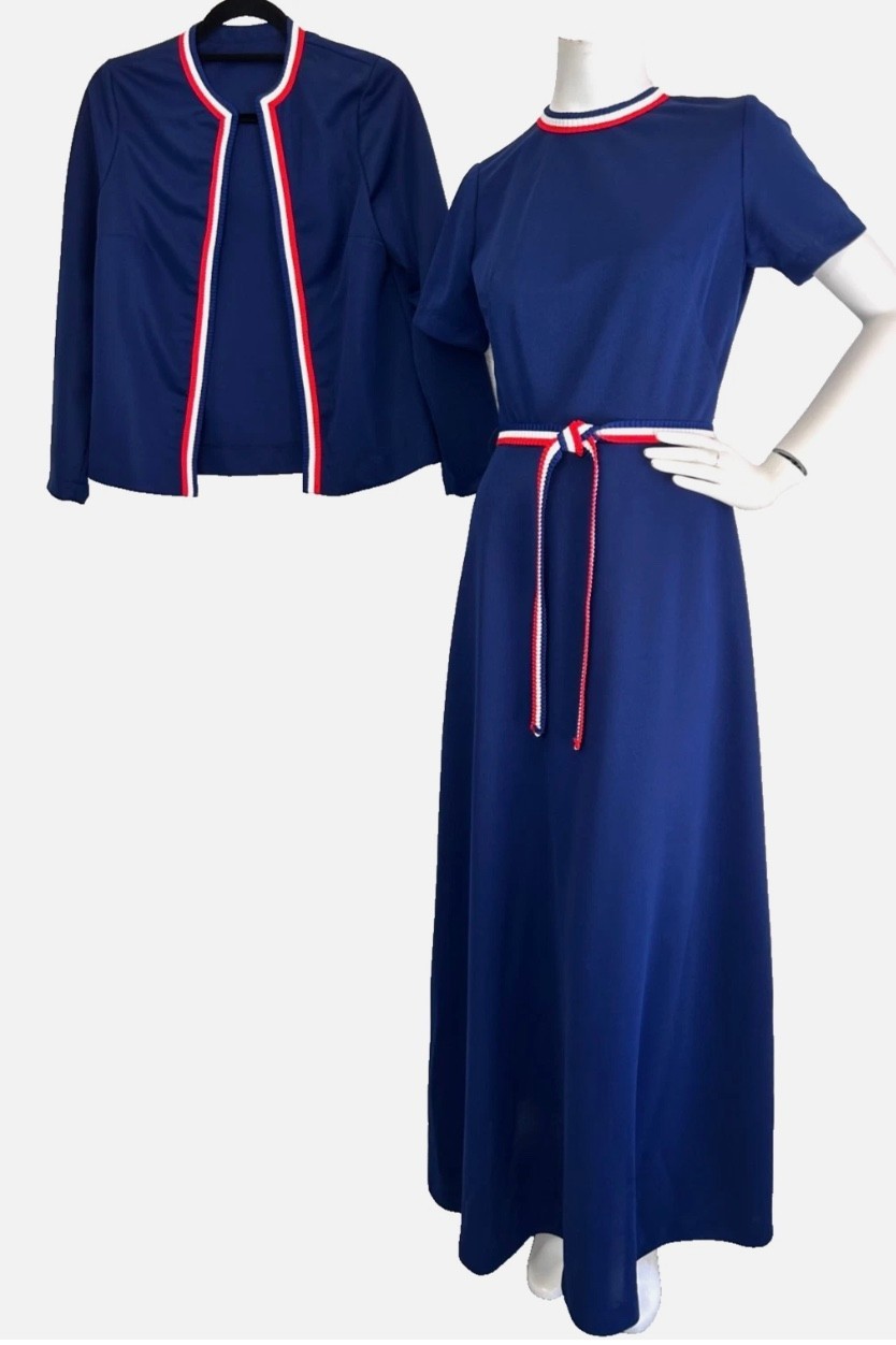 70s Maxi Dress w/Jacket Size Small Blue Red White Trim Belt Crew Short Sleeve