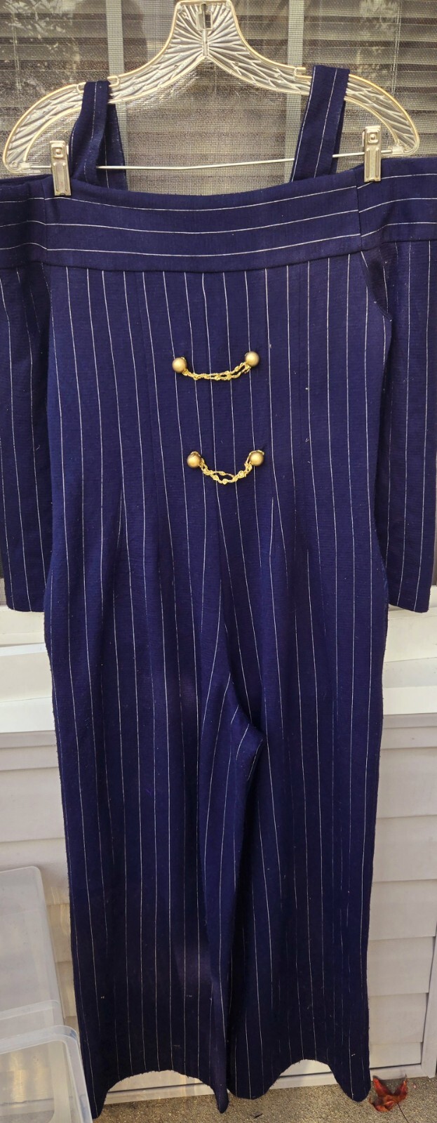 Vintage JRT By Newport News 90s Navy Blue Pinstripe Romper Off Shoulder One…