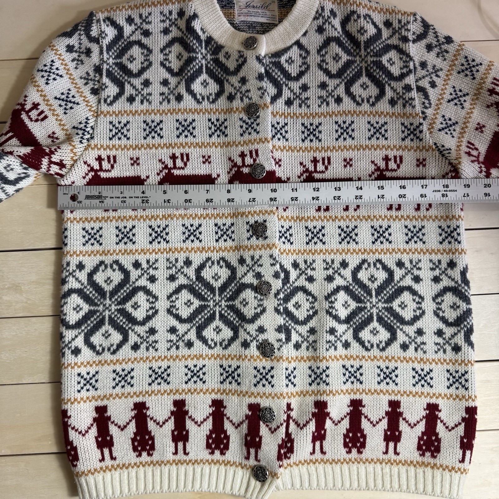 Vintage Jersild Reindeer Fair Isle Cardigan Sweater Cream Navy Burgundy Sz 38