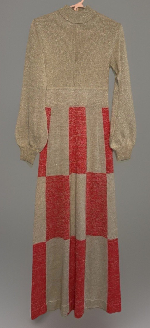 Vintage 1970s Wenjilli Maxi Dress Waistline Balloon Sleeve Gold Red Metallic