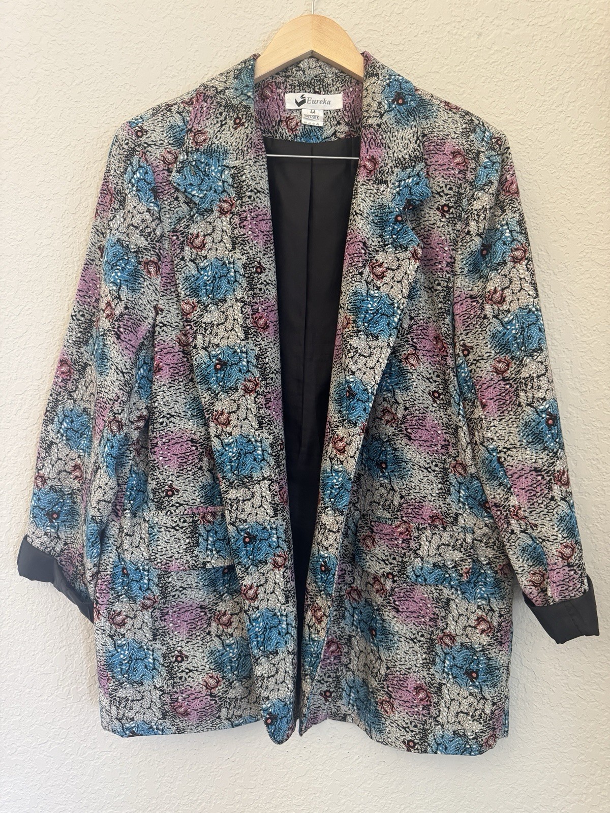 Vtg 80s EUREKA Oversized Floral Blazer Jacket 100% Silk Open Front Pockets 44