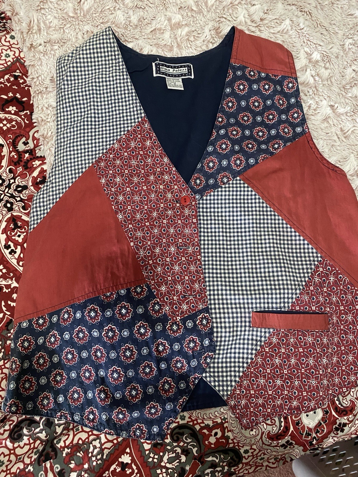 Vintage Gina Peters Patchwork Vest with Red and Blue Patterns Size M