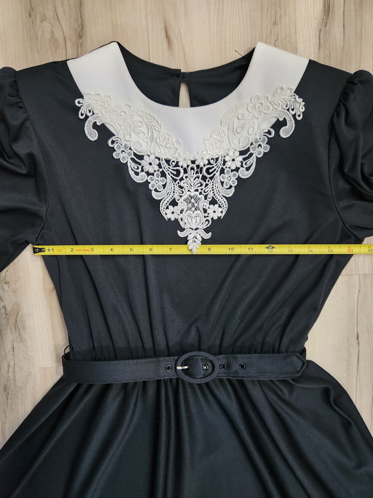 Vtg 80s 40s Whirlaway Frocks Black White Lace Collar Midi Dress Twirl Belted 6 P