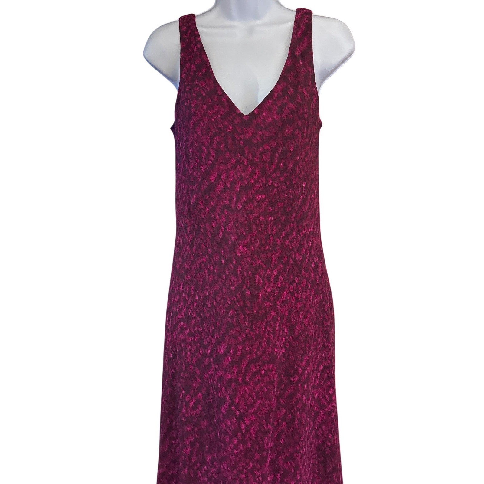 90s Jones New York Dress Burgundy Magenta Abstract Print V-Neck Minimalist Chic