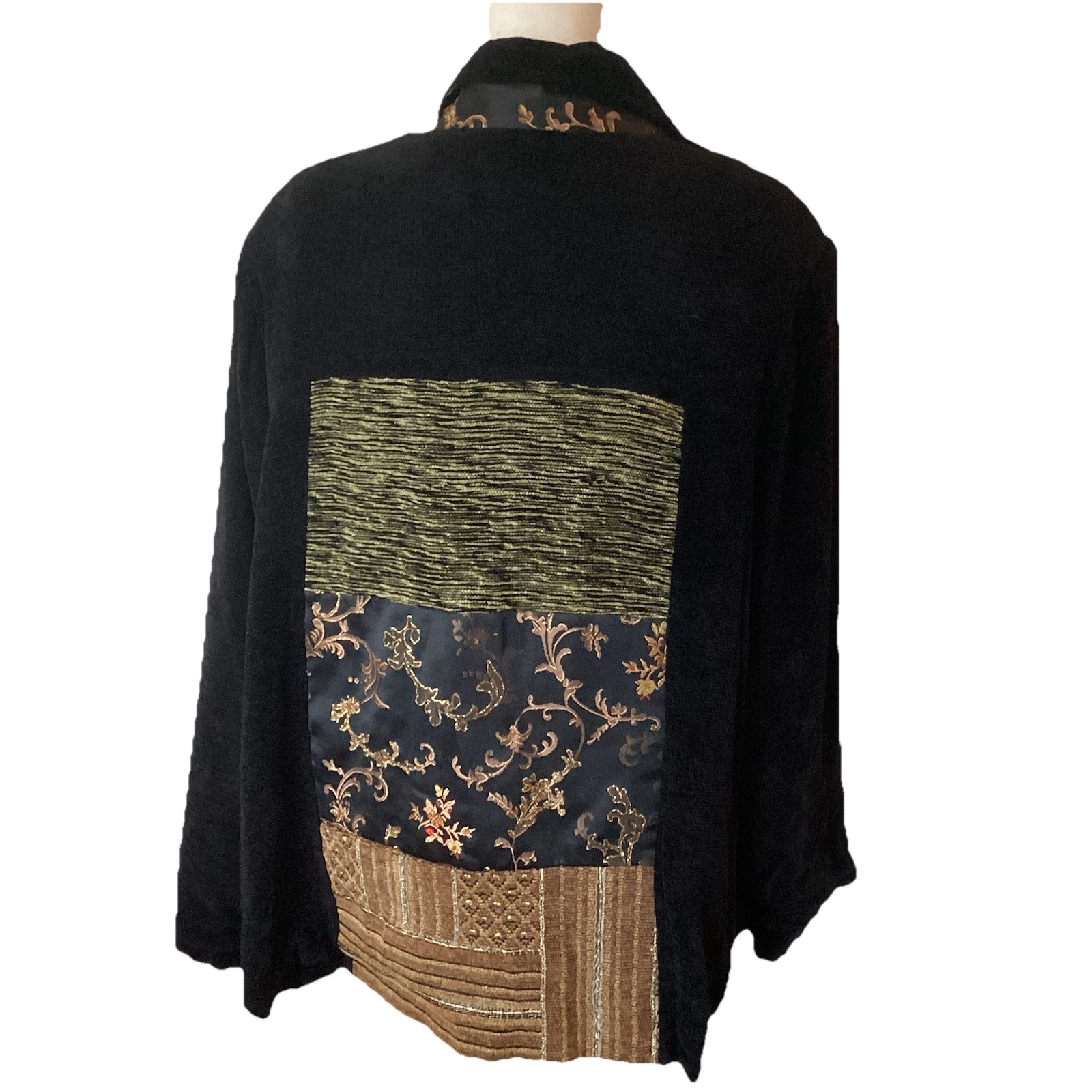 Vtg Maggie Barnes Jacket Retro Patchwork Boho Embroidered Chenille 3X Black Gold