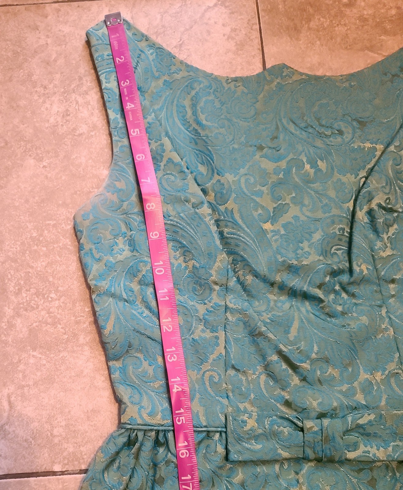 VTG 1960s Turquoise Blue & Gold Brocade Maxi Dress Women’s XS Bow Detail