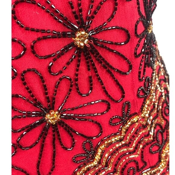 VTG Red/Black/Gold Stunning 90’s Adrianna Papell Evening Silk Beaded Top Sz XL