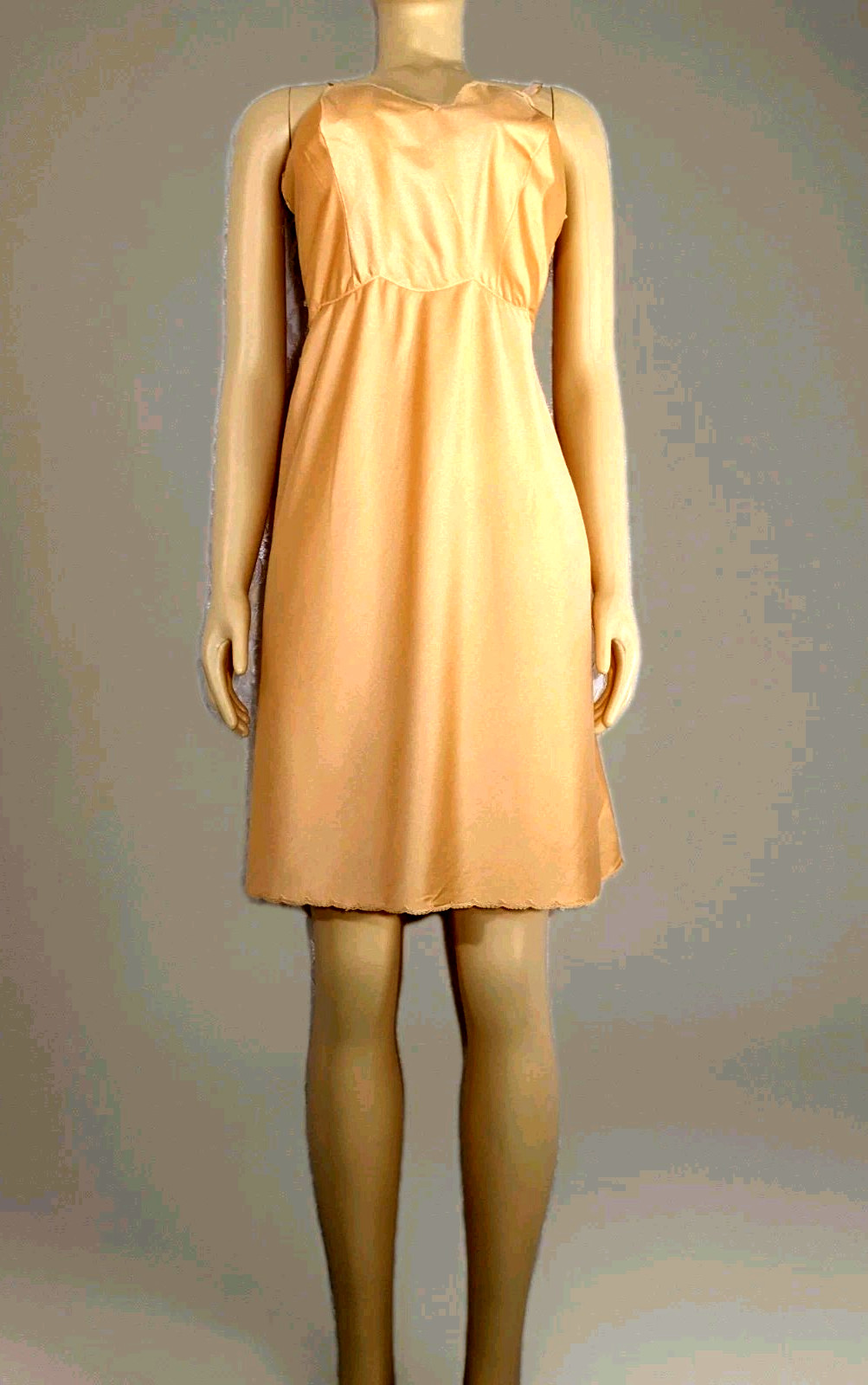 Vintage Scalloped Neckline Hem Gold Lingerie Dress Slip wear as Nightgown 36″