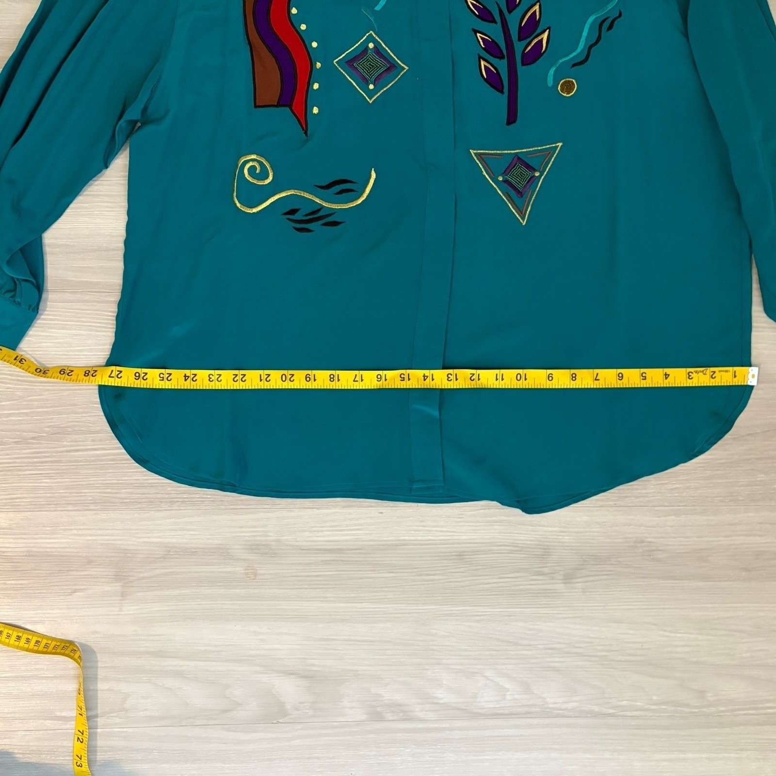 Regina Porter Womens Blouse Vintage 100% Silk Teal Abstract Embroidered Size 1X