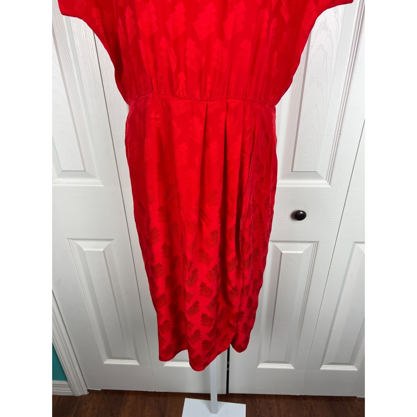 Vintage 80s Red Silk Blouson Dress Size 6 Textured Midi Faux Wrap