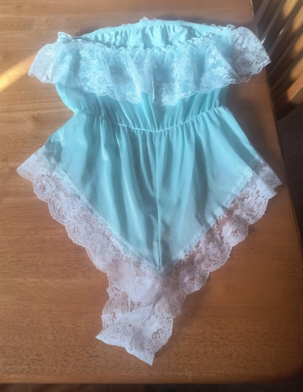 Vintage Blue Lacy Strapless M Romper Sheer Cheeky Teddy Lingerie Made In USA