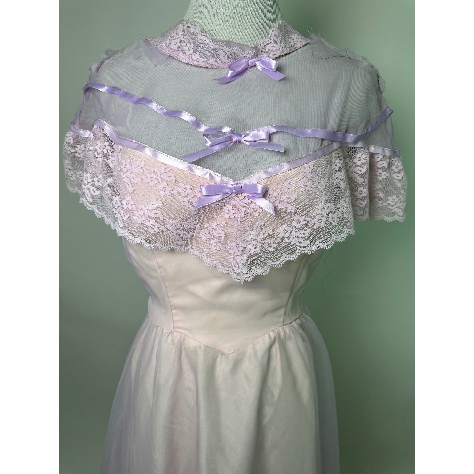 Vintage 70s Lilac Prairie Cottagecore Cupcake Dress Tulle Lace Boho Maxi Gown