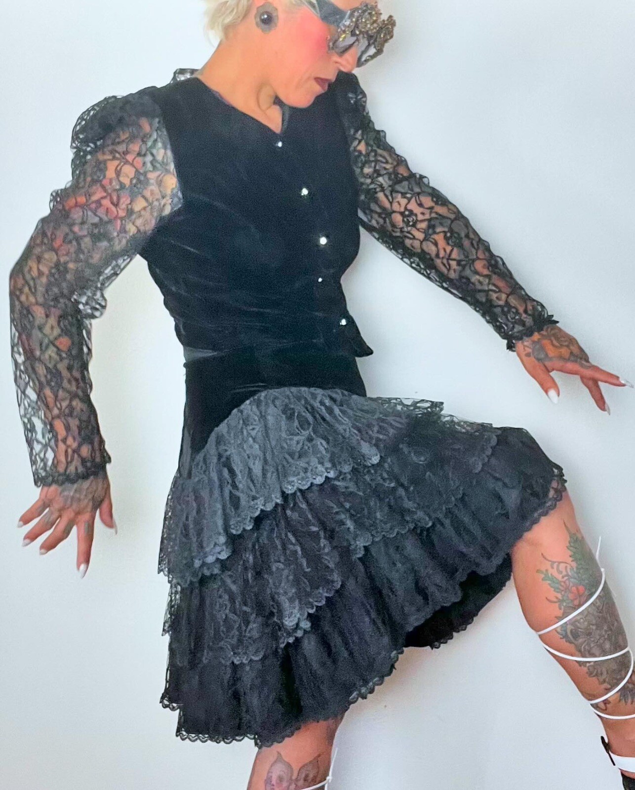 GOTH Punk 1980’s 80s Vintage Velvet & Sheer Lace Sleeve Prom Top Skirt Dress S M