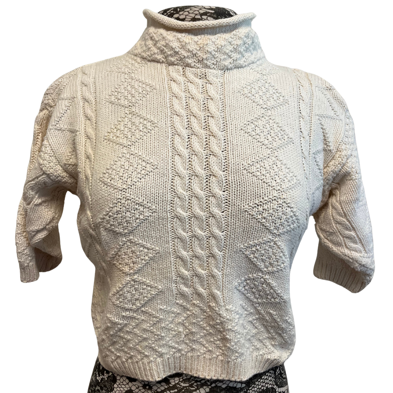 Vintage 90s Cream Cable Knit Sweater XXS Cropped Chunky Fairy Academia Fisherman