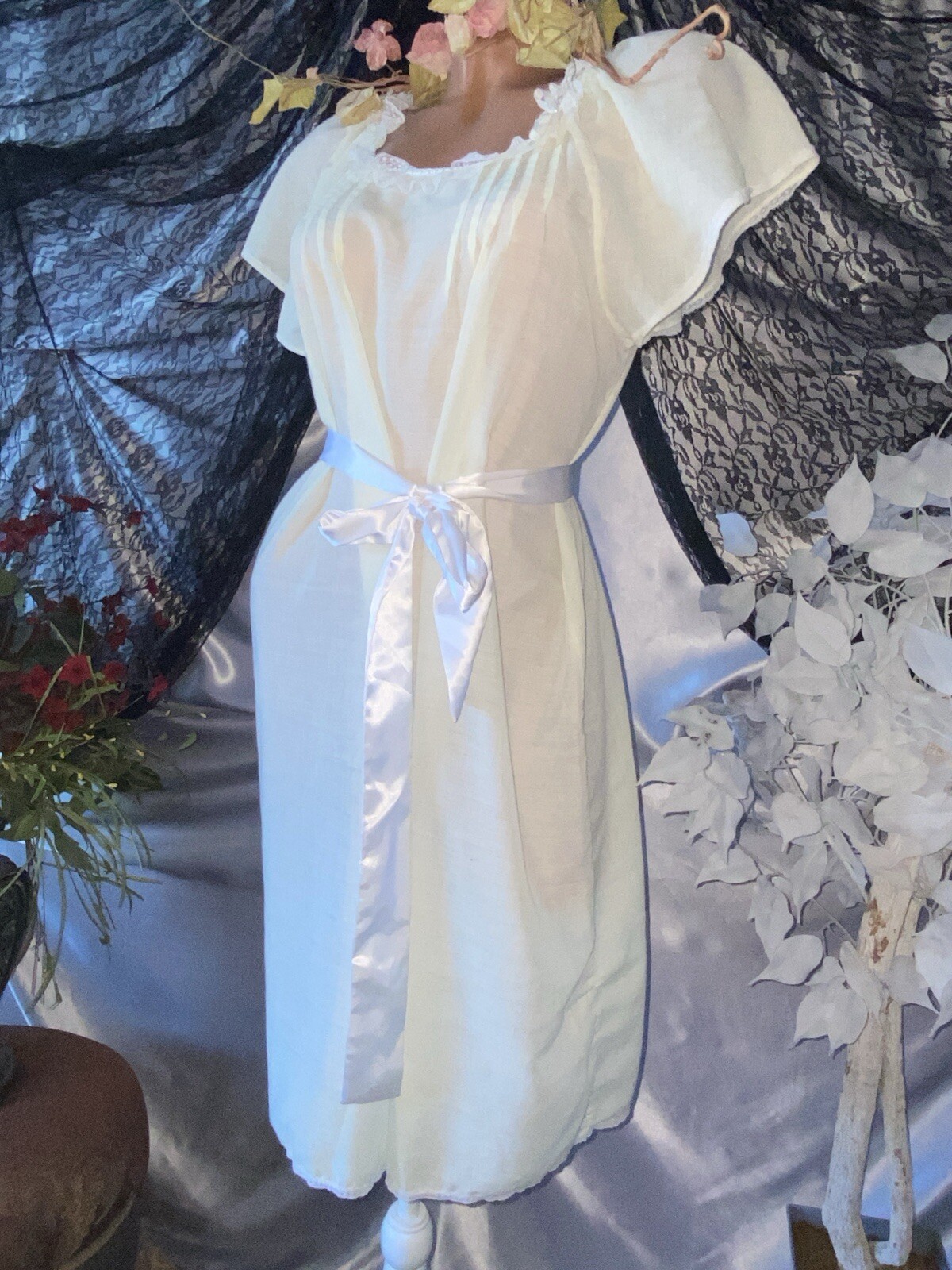 VTG GAUZE PINTUCK Charlieann FLUTTER SLV LACY NIGHTGOWN DAY SUN DRESS GOWN