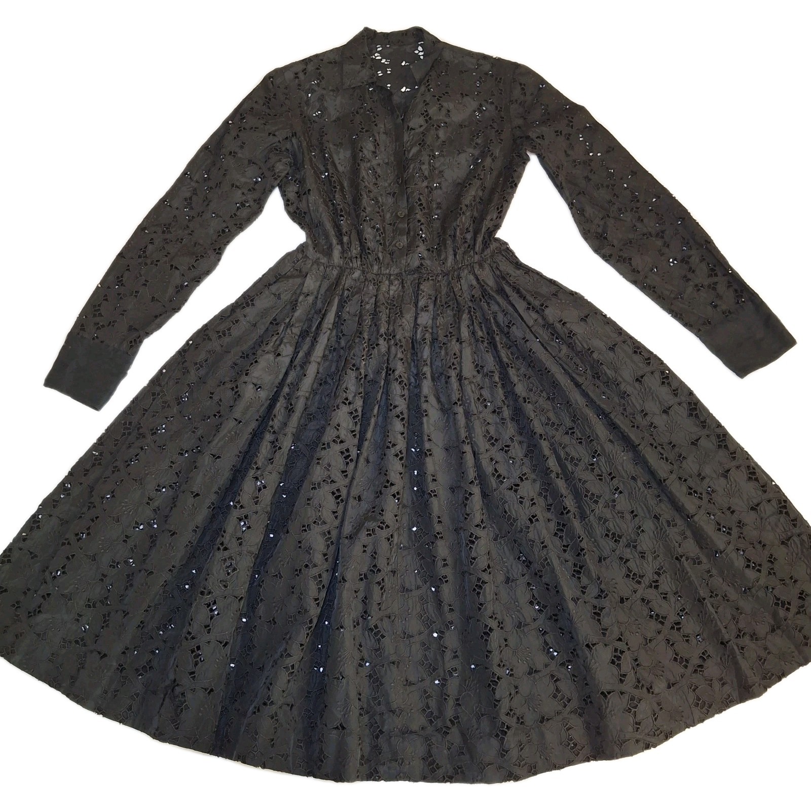 Vintage Black AFL CIO Union Made Lace Dress Classic Cinched Waist Flared Skirt