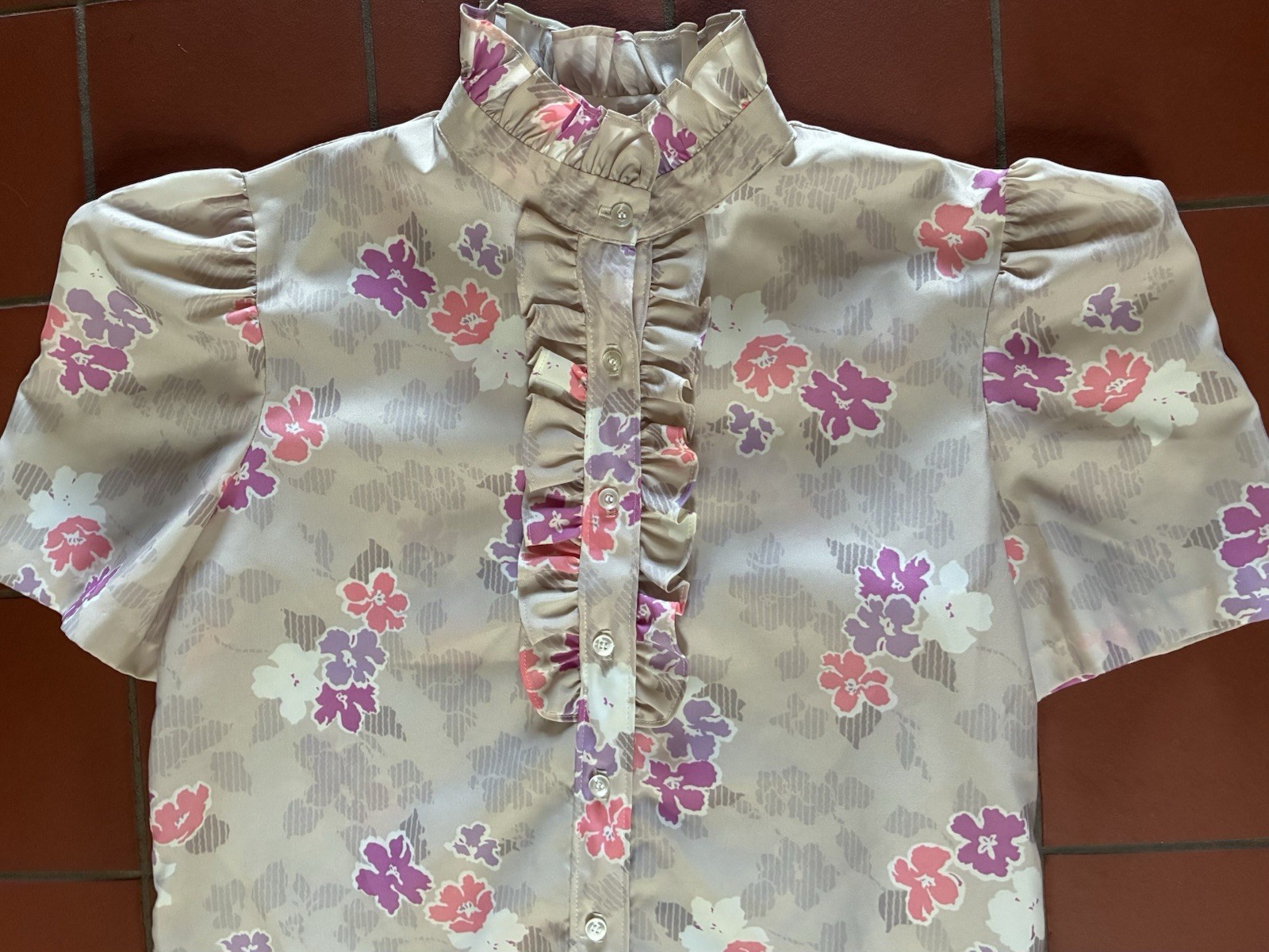 Vintage 80s Lucky Winner Ruffled High Neck Blouse Secretary Geek USA size M