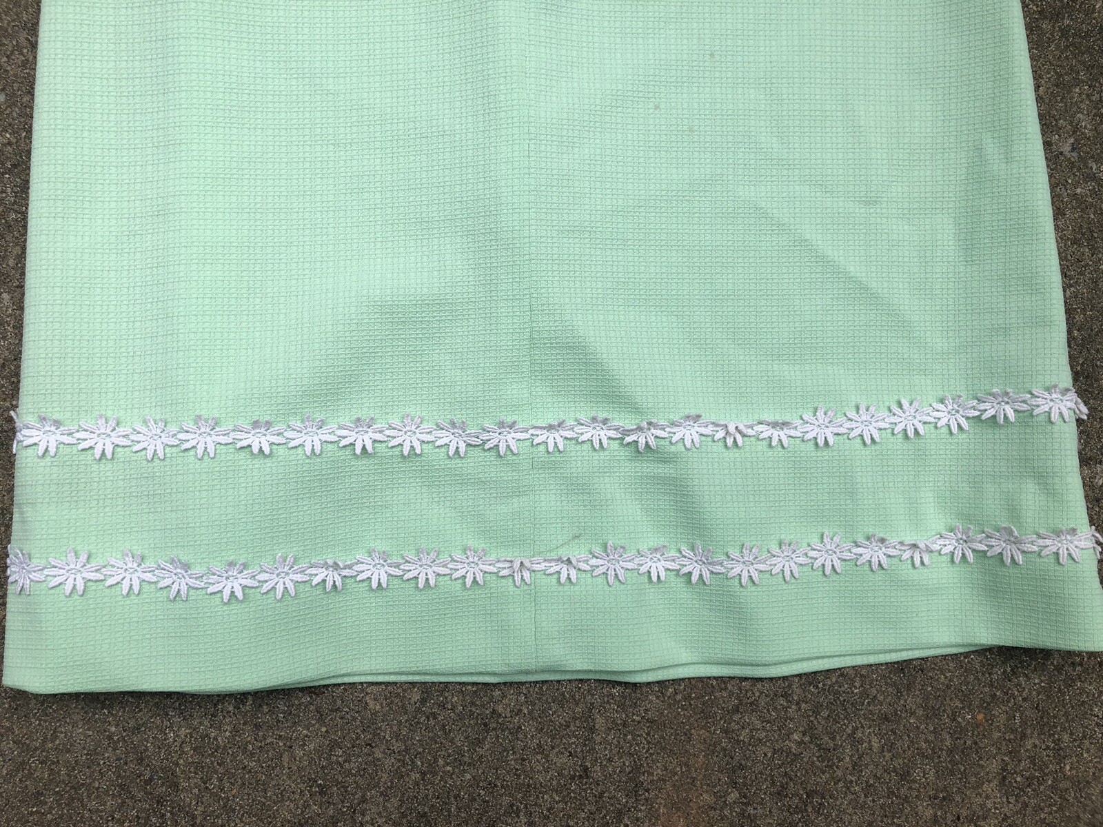 VTG 70s Mint Green Waffle Texture Polyester Sleeveless Floral Lace Maxi Dress~XS
