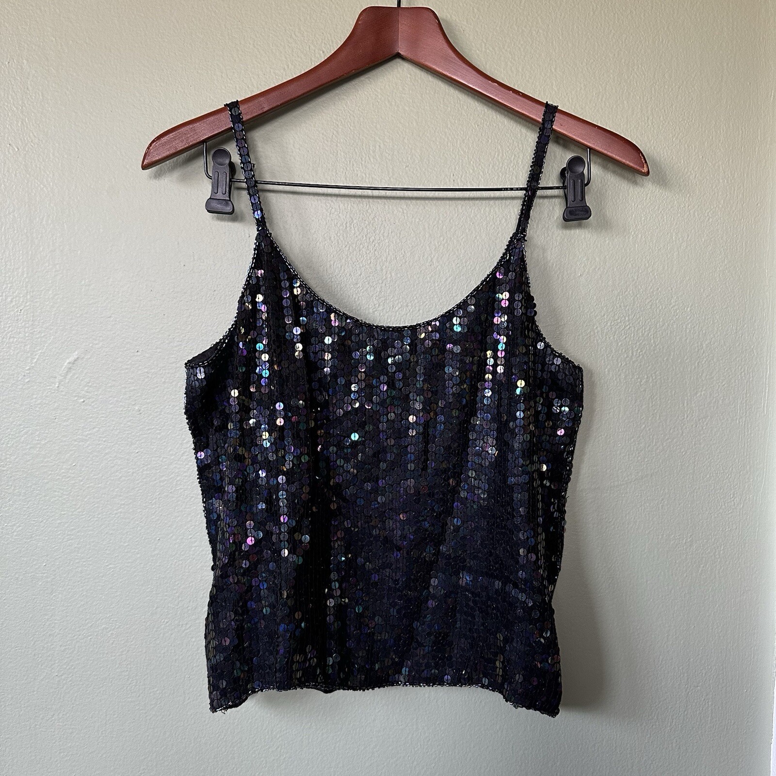 VTG 100% Silk Sequins Beaded Spaghetti Black Strap Top Spell Bound Size Medium