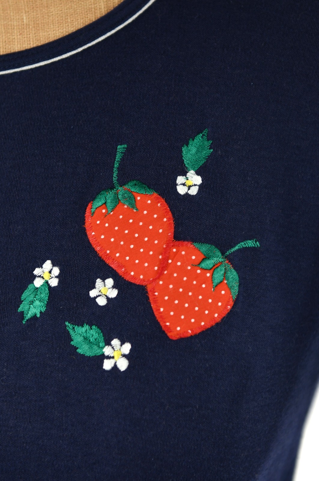 Vintage 70s 80s Navy Blue Novelty Strawberry Short Sleeve Baby Doll T Shirt M L