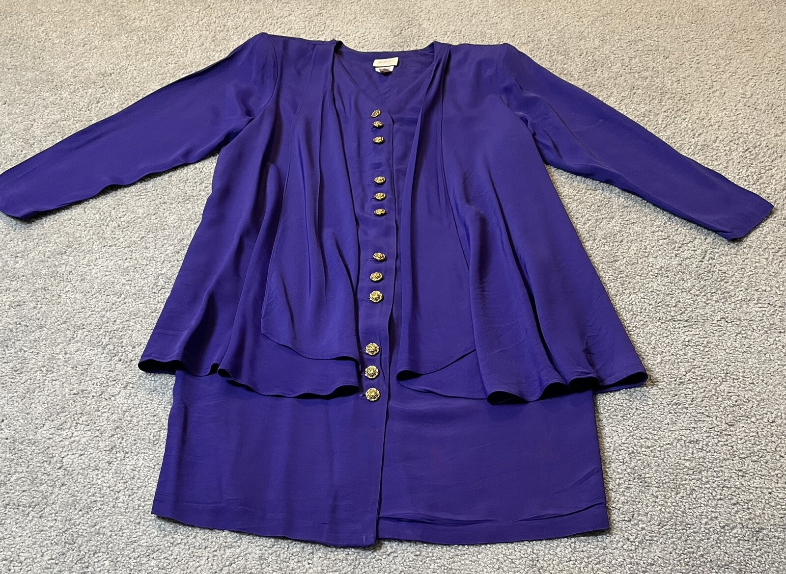 80s Luci Pellini Built-in Jacket Dress Sz 14 Purplish Blue Button Up USA Formal