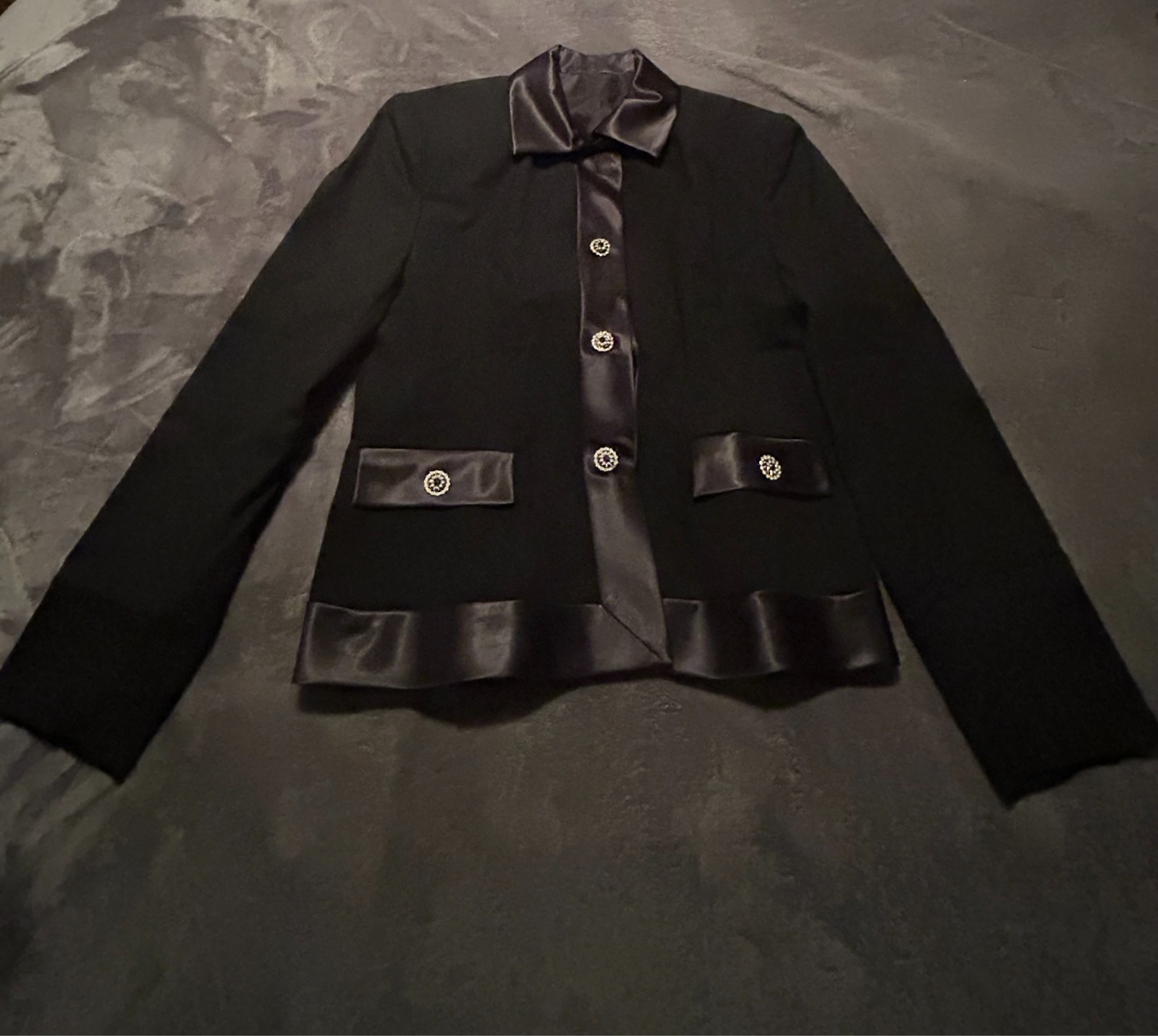 Vintage Black Blazer Jacket with Satin Trim and Rhinestone Buttons – Pre-owned