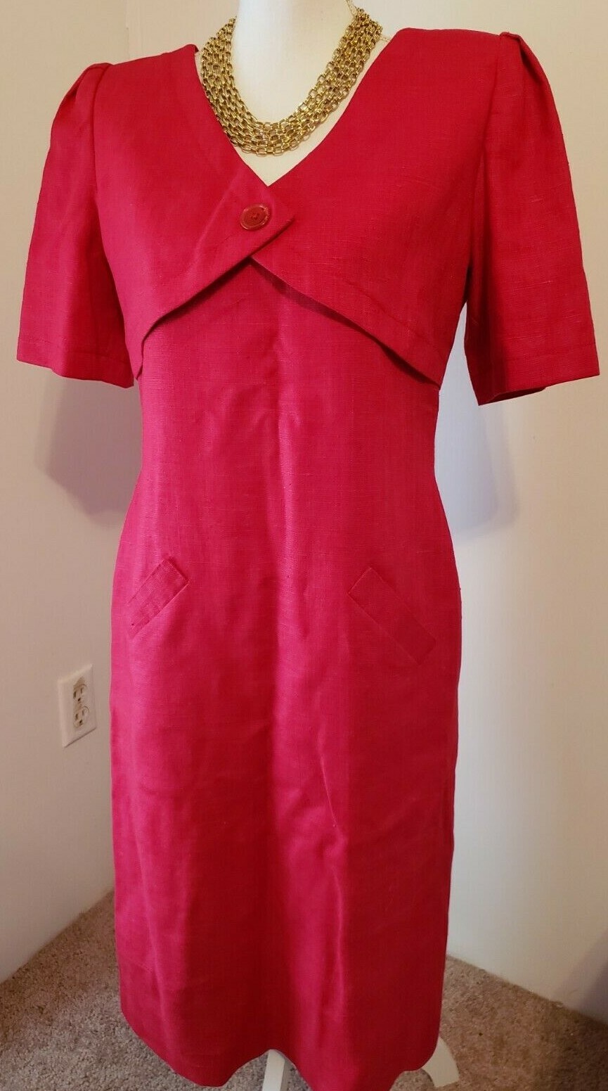 WILLIAM PEARSON Vintage Red Linen Lined Short Sleeve Sheath Dress Size 8/10