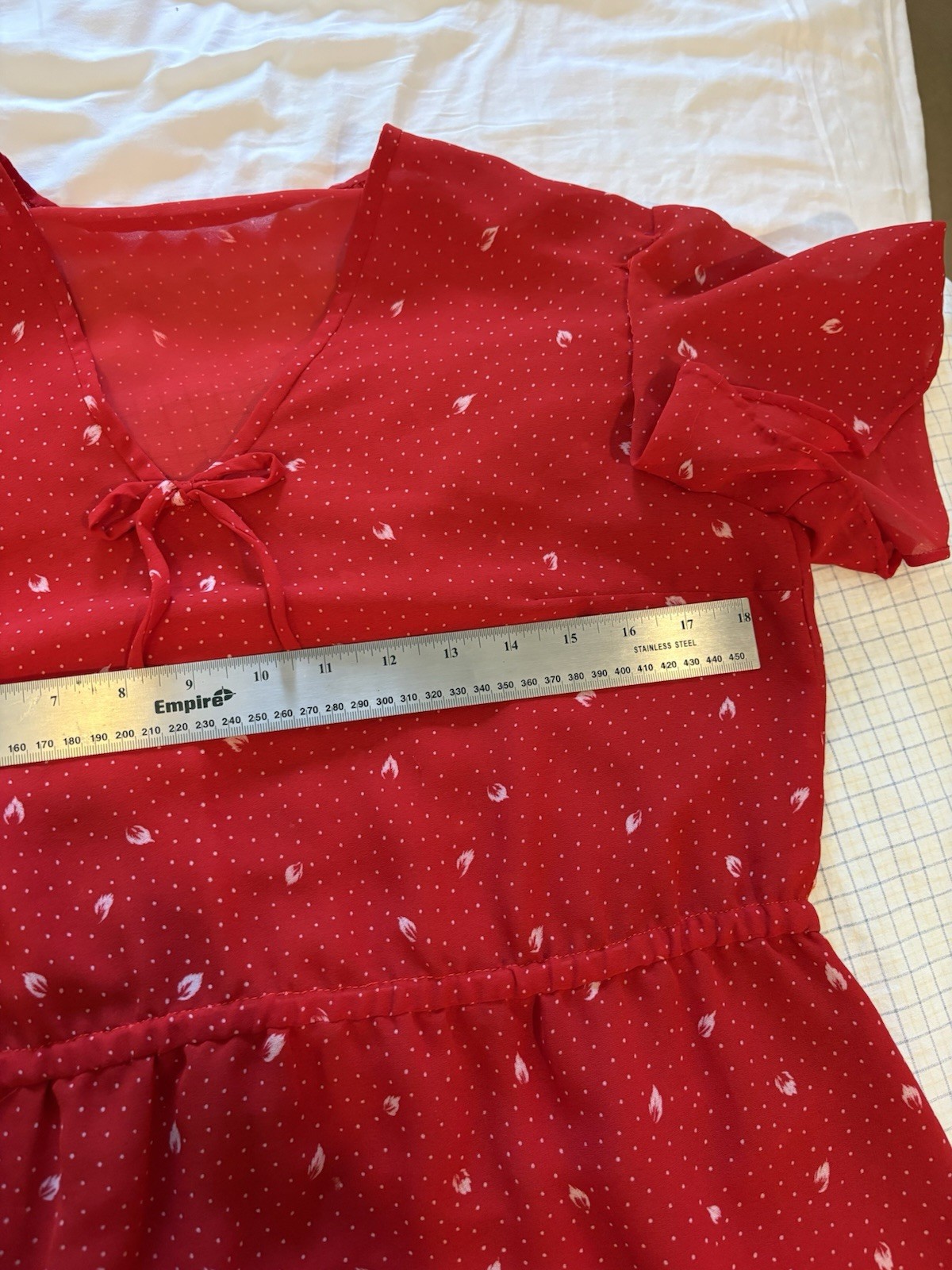Vintage Unlabeled 70s Floral Small Poka Dot Dress Short Sleeve Red Dress Sz M