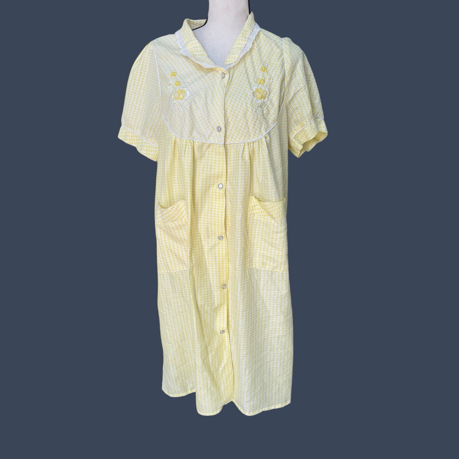 Vintage 90s XL Butter Yellow Gingham House Dress Floral Embroidered Cottagecore