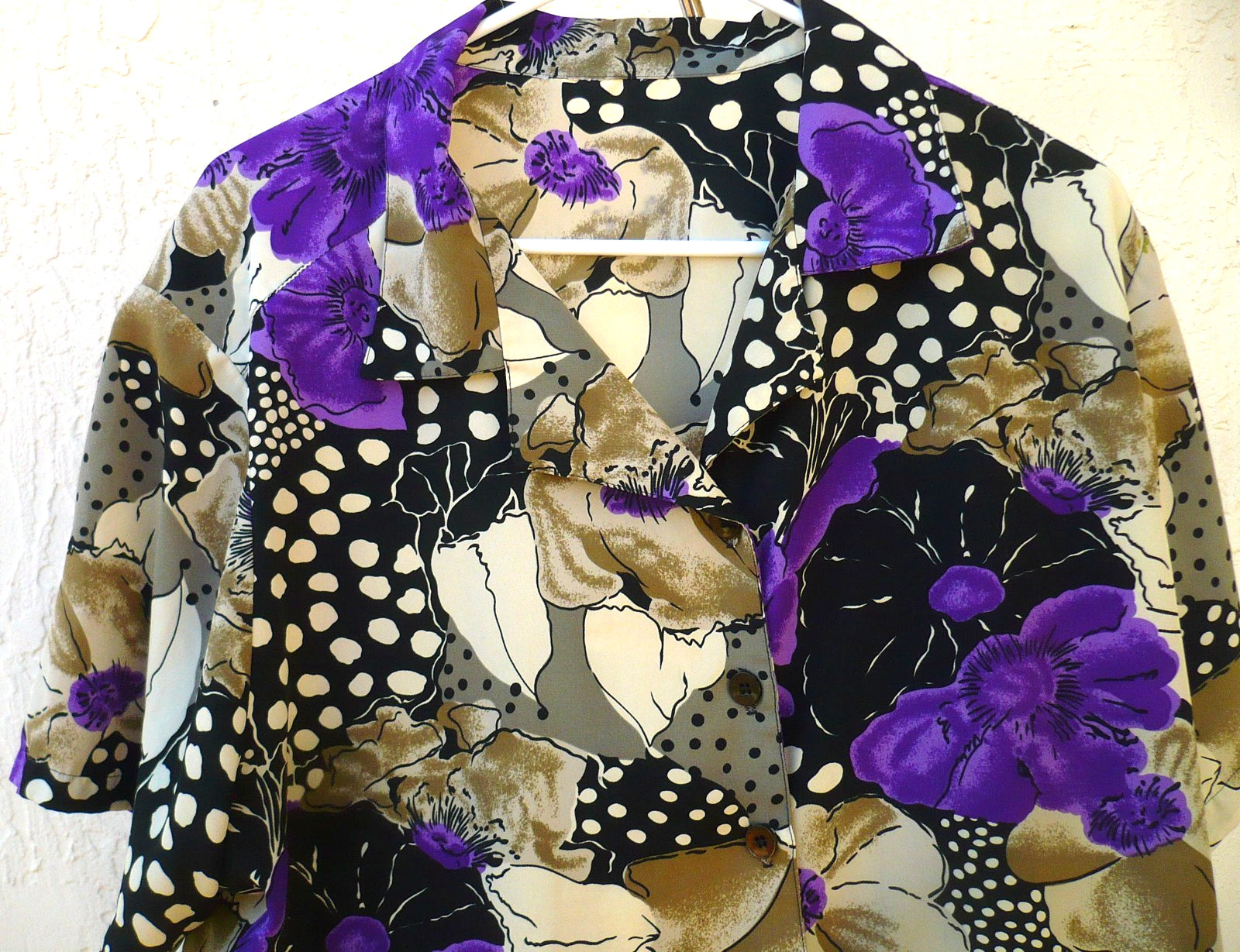VTG 80S 2X PLUS PURPLE FLORAL BLACK WHITE DOT MIXED PRINT SILKY SHIRT BLOUSE TOP