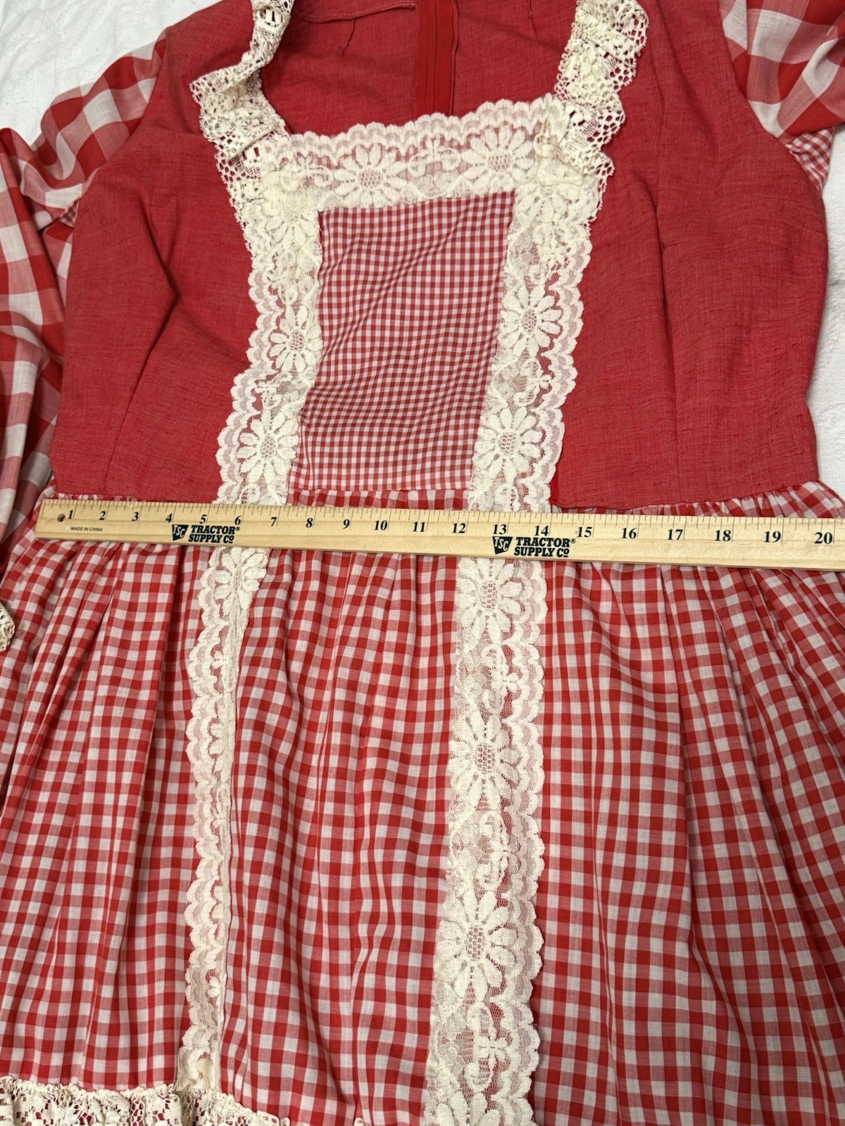 Vtg 70s Handmade Prairie Dress Red Gingham Lace Bib Farmhouse XL Storybook Style