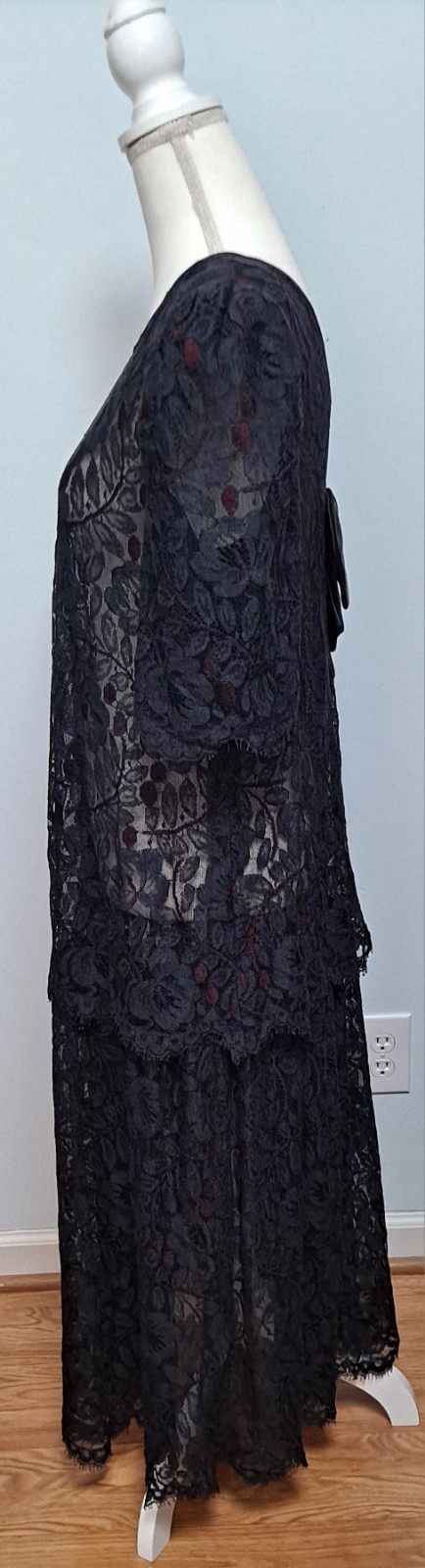 Vintage SG.GILBERT Sz 14 Black Drop Waist Sheer Lace Witchy Whimsy Goth Dress