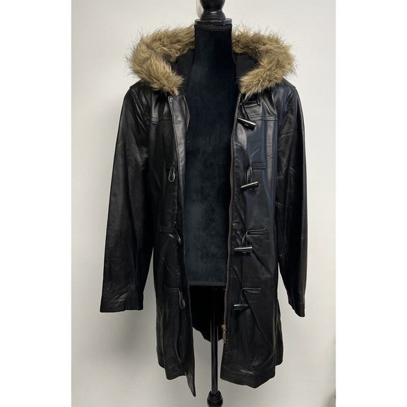 Vintage Soft Lambskin Leather Womens Coat Toggle Faux Fur Trim XL Grunge Goth