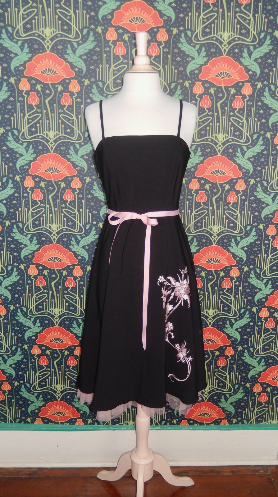 Vintage Y2K Dress Black Pink Bow Embroidered Tulle Cocktail 50’s Style