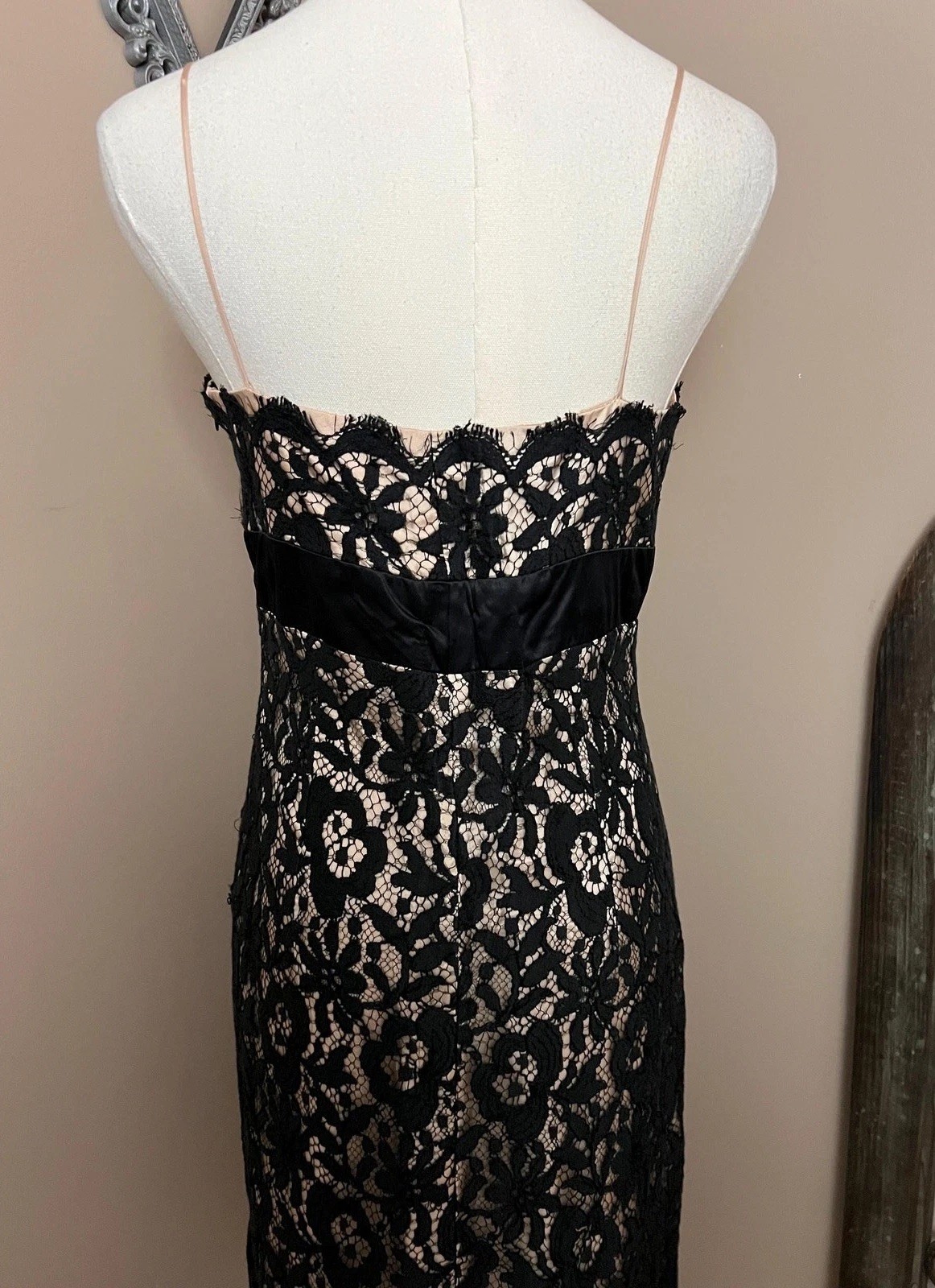 Vintage 90s Black Lace Nude Illusion Tank Dress Size S/M Gothic Party Cocktail