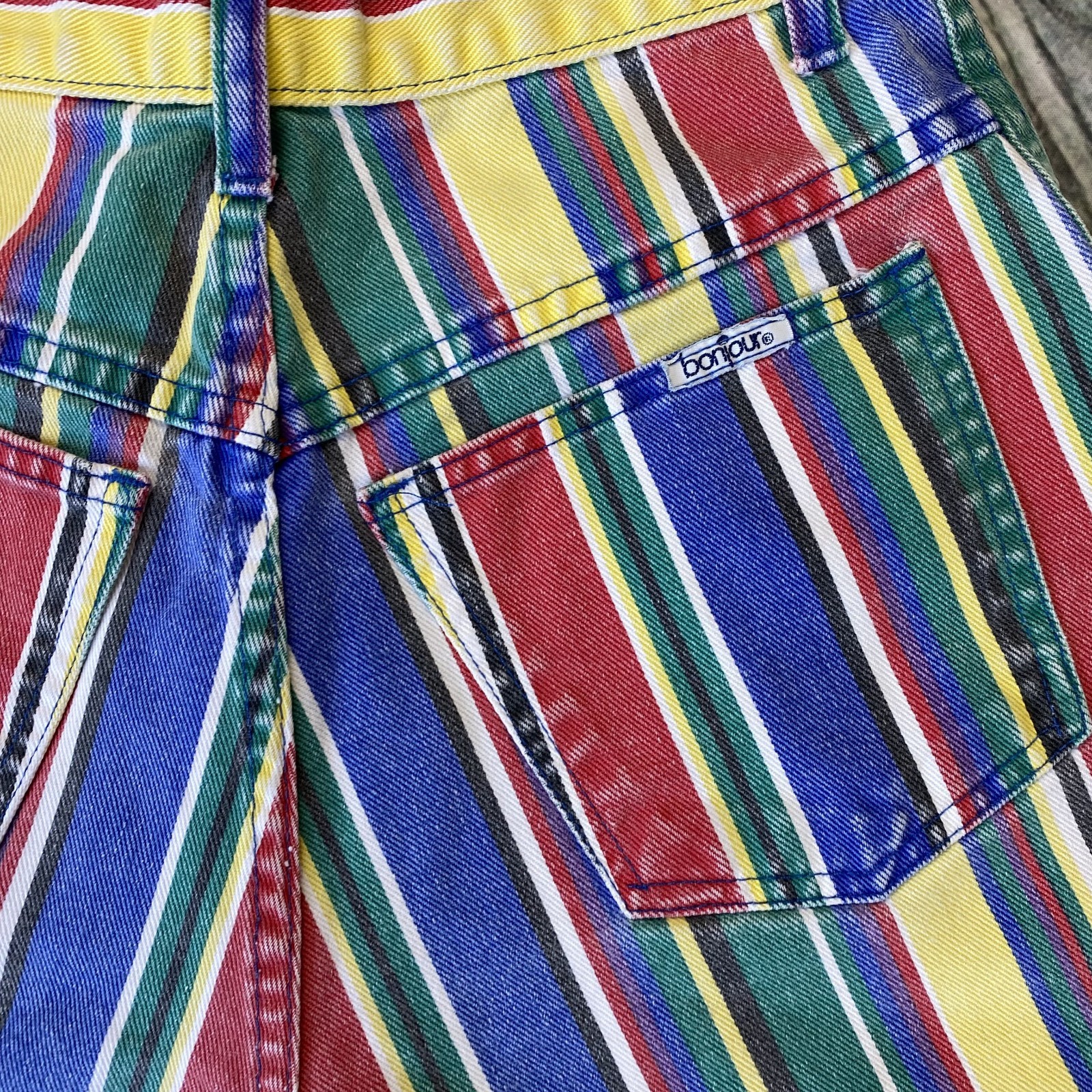 Vintage Bonjour Women’s Junior 9/10 Shorts Colorful Stripes Denim Jean Fray Hem