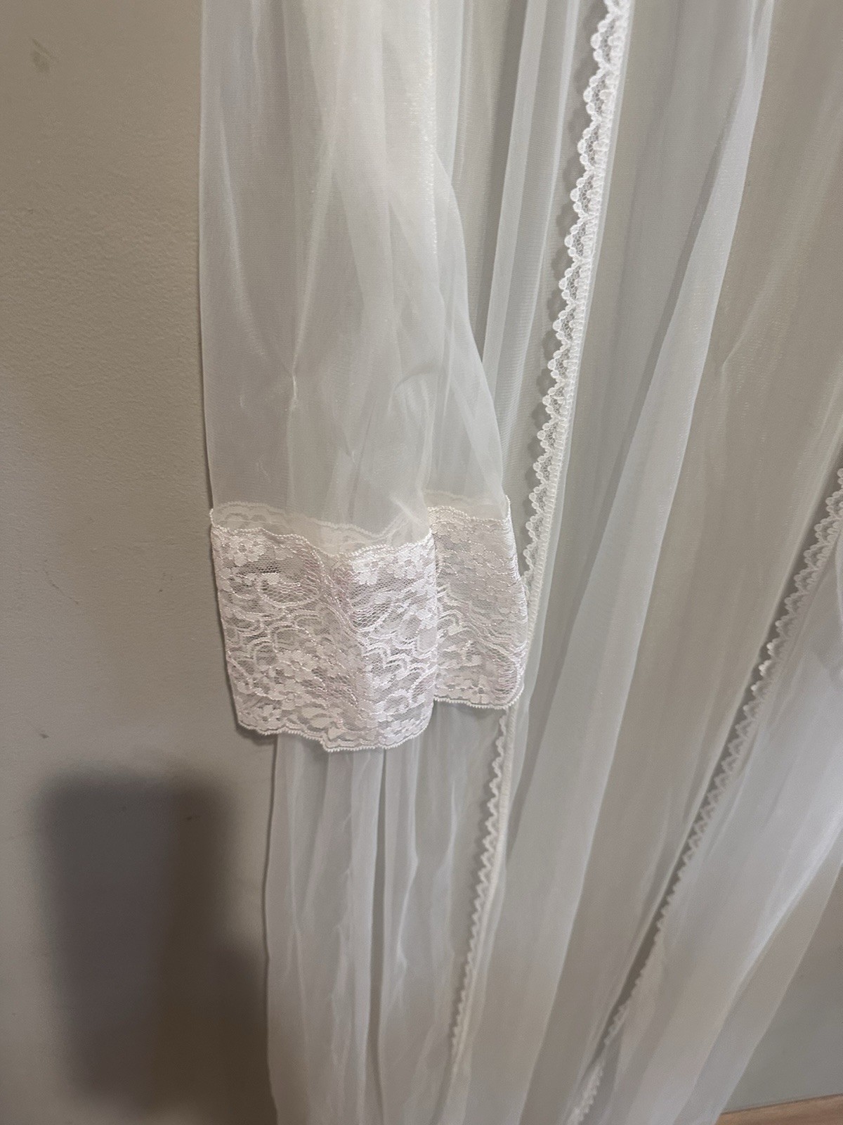 vintage Sheer White Robe With delicate lace details on the neckline and cuffs.