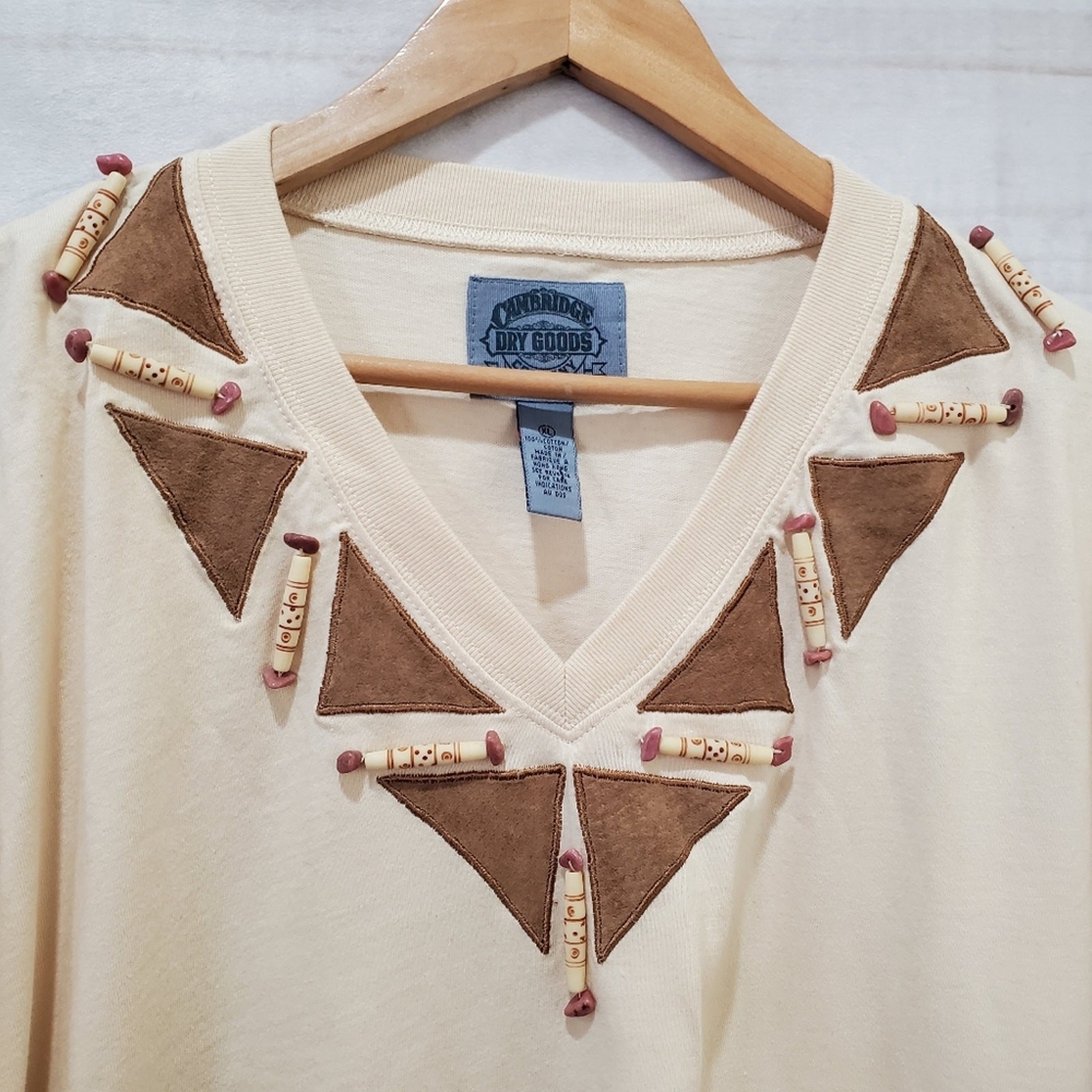 Cambridge Dry Goods Vintage Blouse Womens XL 90s Tan Beaded V-Neck Boho Retro