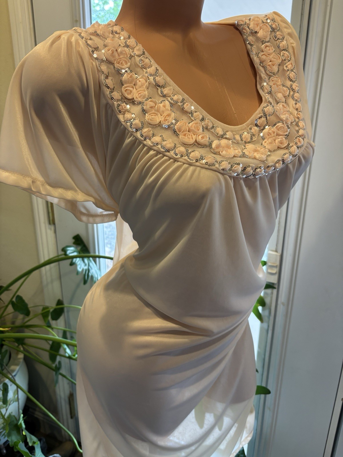 Vtg Satin Soft CreamSickle Shiny Silver Sequins Gown Sheer Long Dress Nightgown