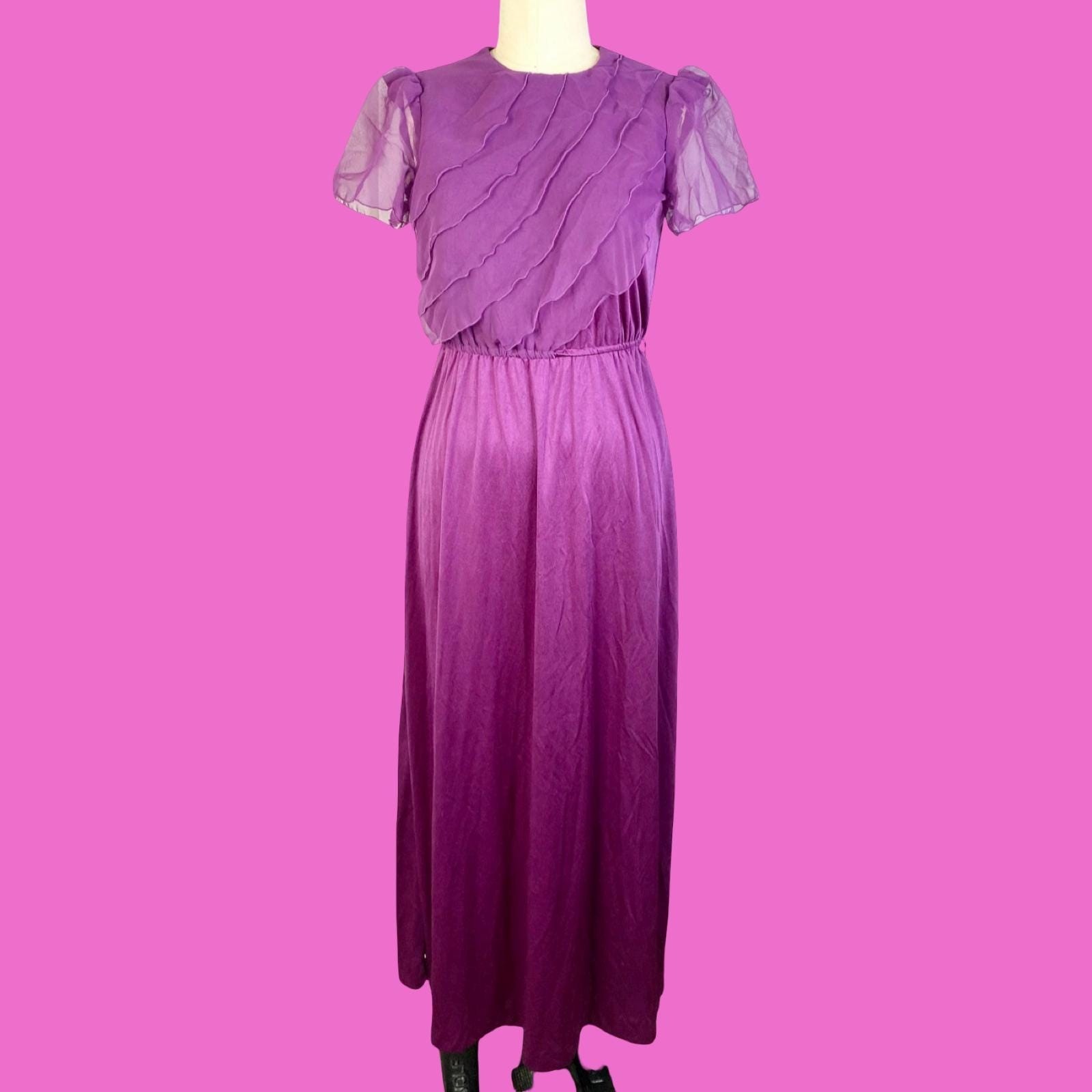 Vintage 70s Purple Maxi Dress, Flowy Lacy Romantic Chiffon, Size Small