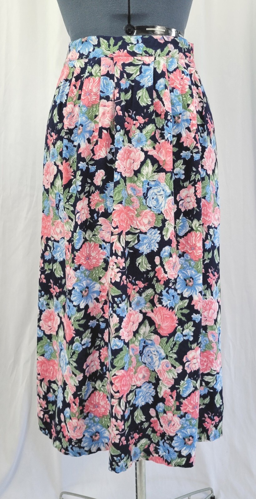 Vtg Van Heusen for Her Blue Floral Skirt w Front Band & Elastic Back Size 10