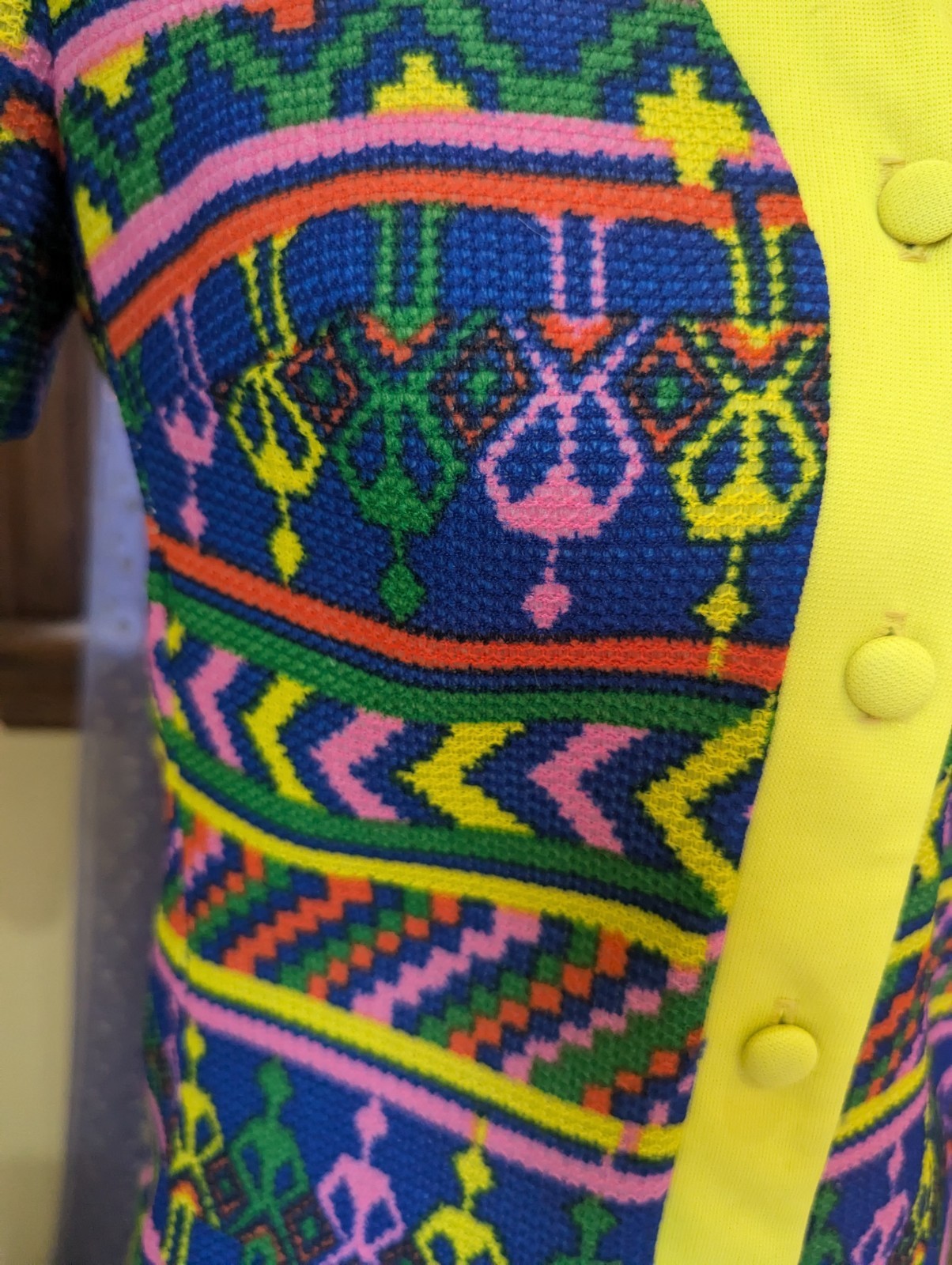 Vintage 70’s Hippie Funky Novelty Neon Rainbow Yellow Poly Tunic Top Size S/M
