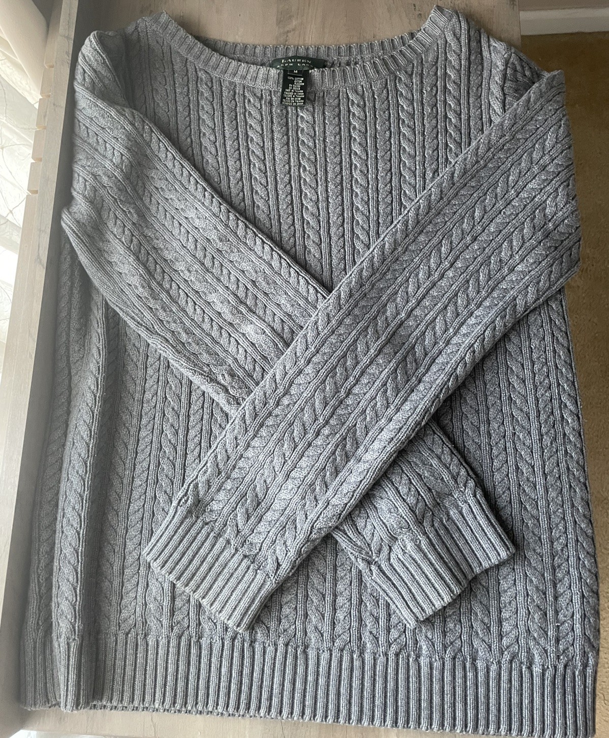 Used Ralph Lauren Cotton Cable Sweater Size M, Sophisticated Heather Dark Gray